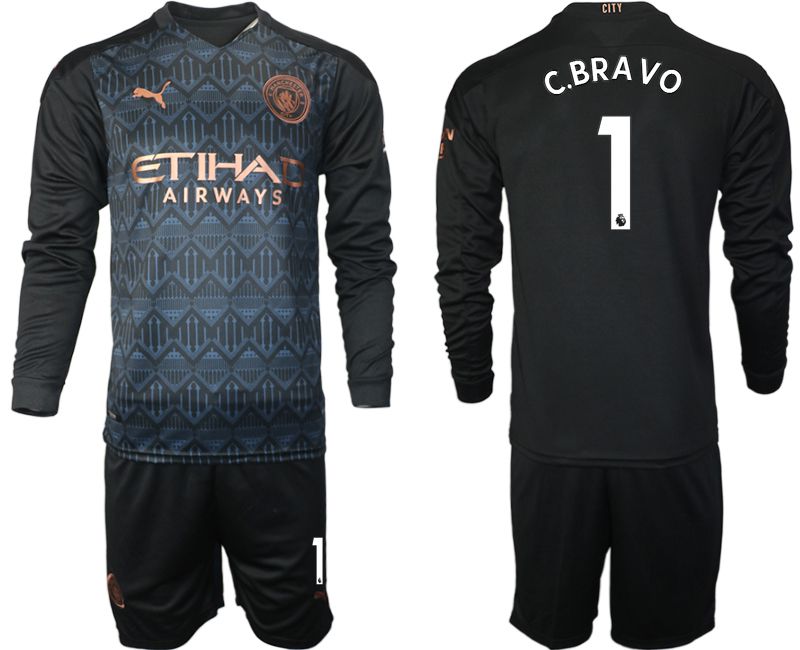 Men 2020-2021 club Manchester city home long sleeve #1 black Soccer Jerseys->manchester city jersey->Soccer Club Jersey